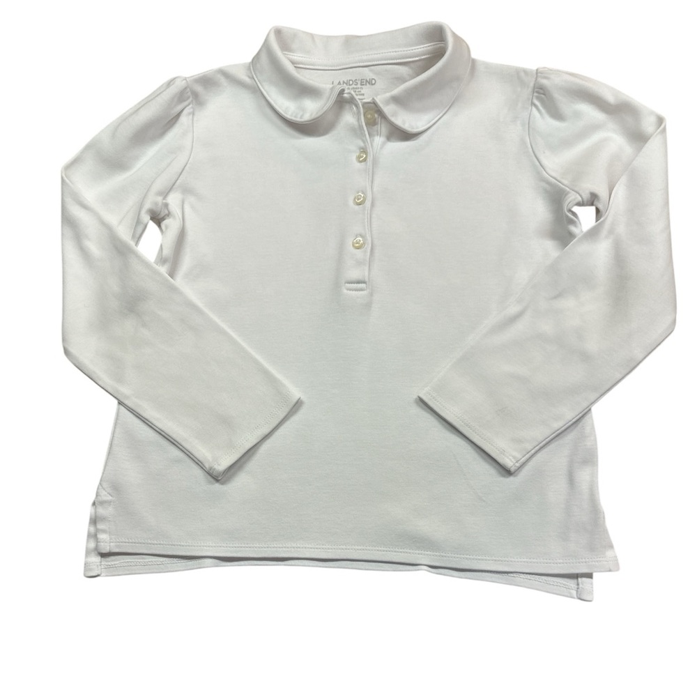 Lands End White Cotton Uniform Long-sleeved Five Button Polo Shirt Rounded 6X-7